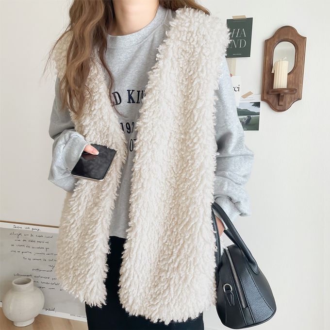 日本 Classical Elf - 優雅泰迪熊絨毛有口袋背心-黑