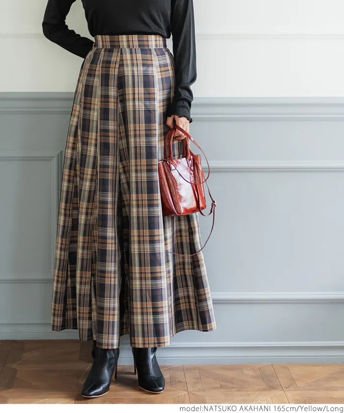 日本 COCA - 氣質格紋打褶修身長裙-黃