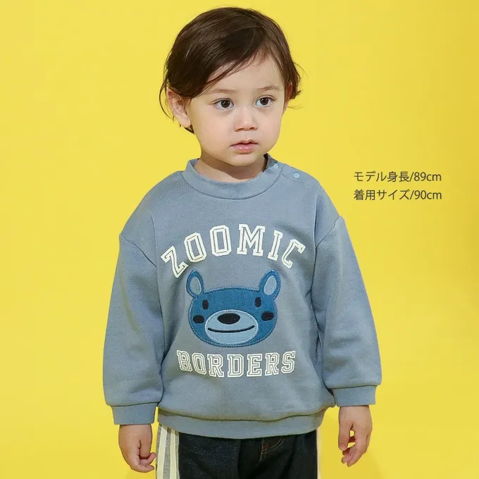 日本 ZOOLAND - 丹寧風小熊裏毛長袖上衣-縫線小熊臉-卡其