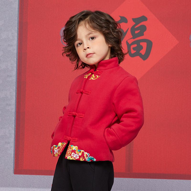 漢服風喜氣拜年立領盤釦外套-福氣祥雲-紅色