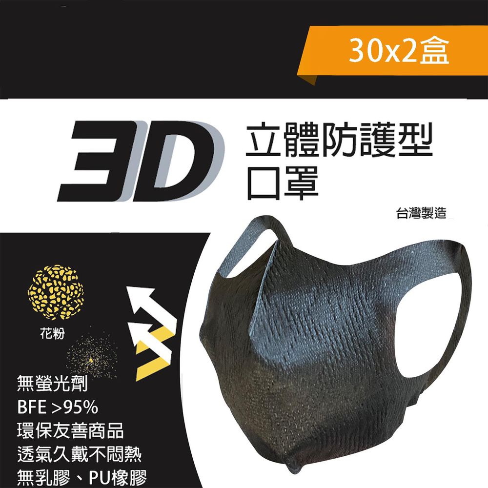 【台歐】SOLIS 3D防護型口罩*30片二入組(黑色)