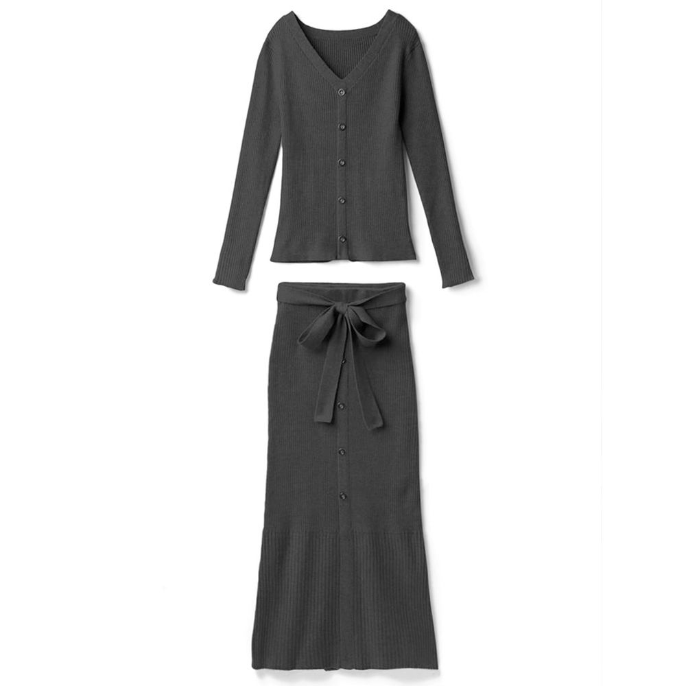 日本 GRL - 針織修身假外套上衣X綁帶長裙套裝-時尚黑