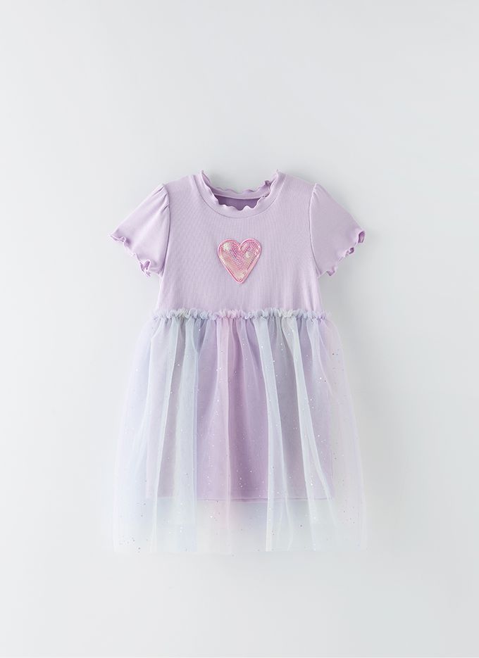 韓國 OZKIZ - 心型亮片夢幻網紗拼接洋裝-薰衣草紫