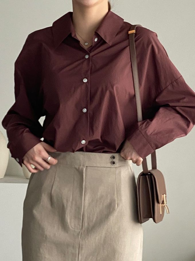 韓國女裝連線 - 知性背後抓褶翻領長袖襯衫-咖啡紅 (FREE)