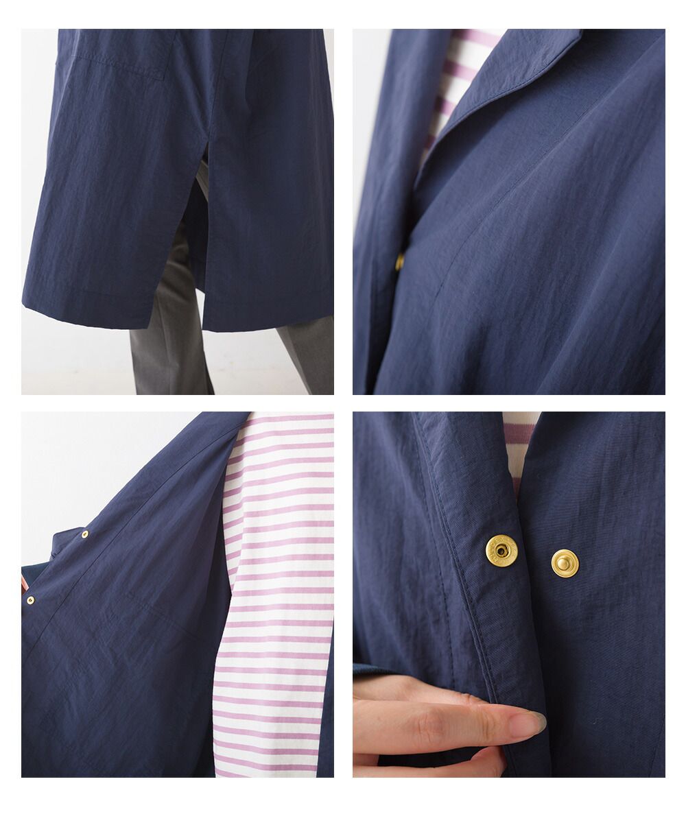 日本 OMNES - 撥水加工 輕量尼龍長版風衣-海軍藍