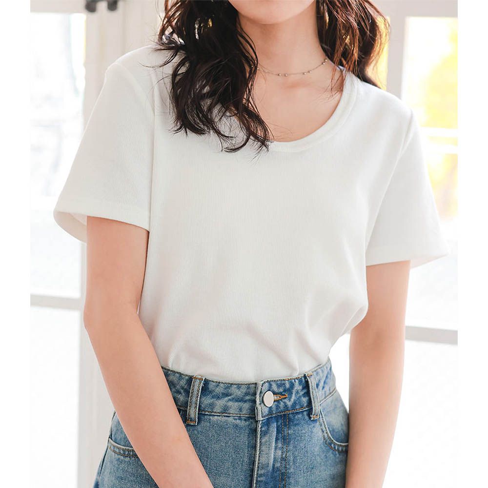 深U領神級美型舒適短袖上衣-白