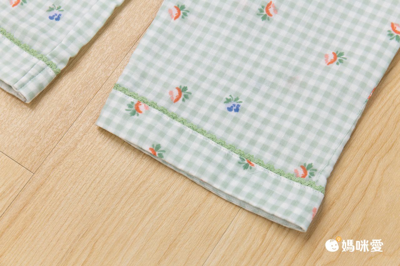 雙層棉紗布長袖家居睡衣套裝-小花綠格