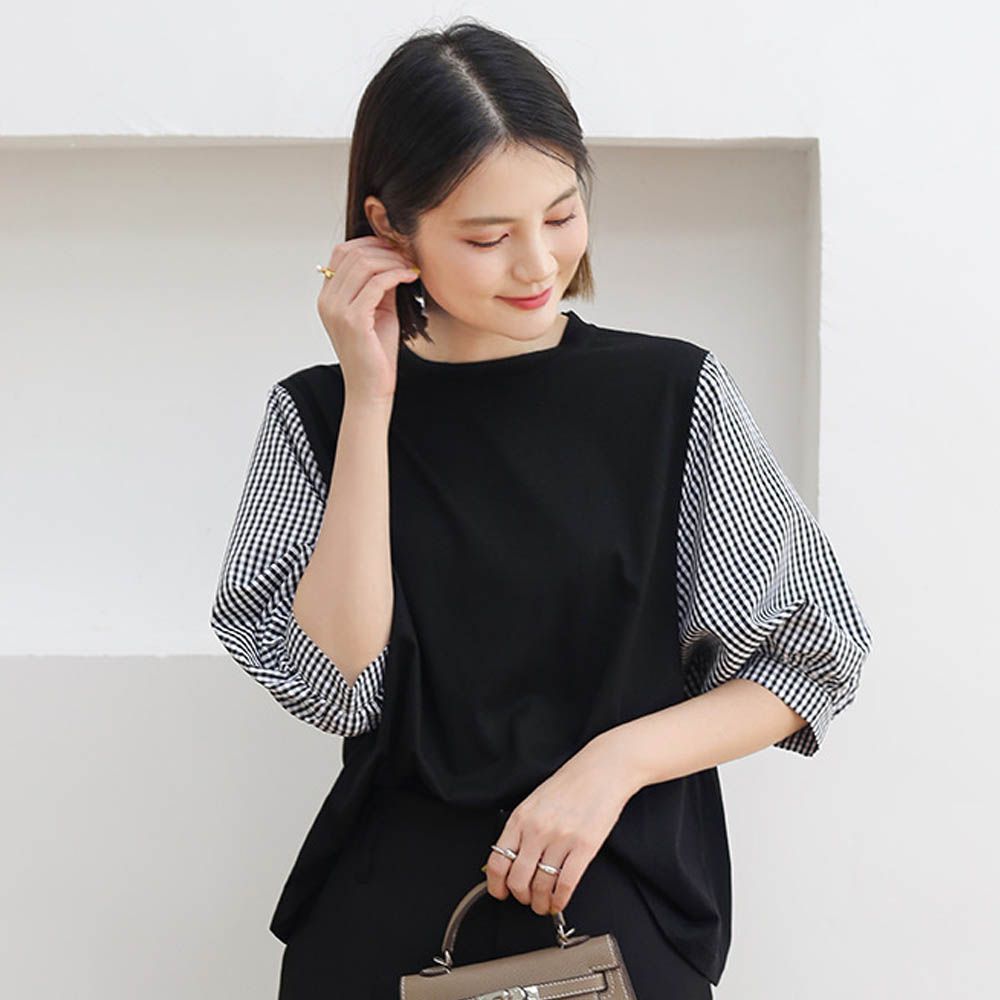 圓領燈籠拼袖上衣-黑x格子