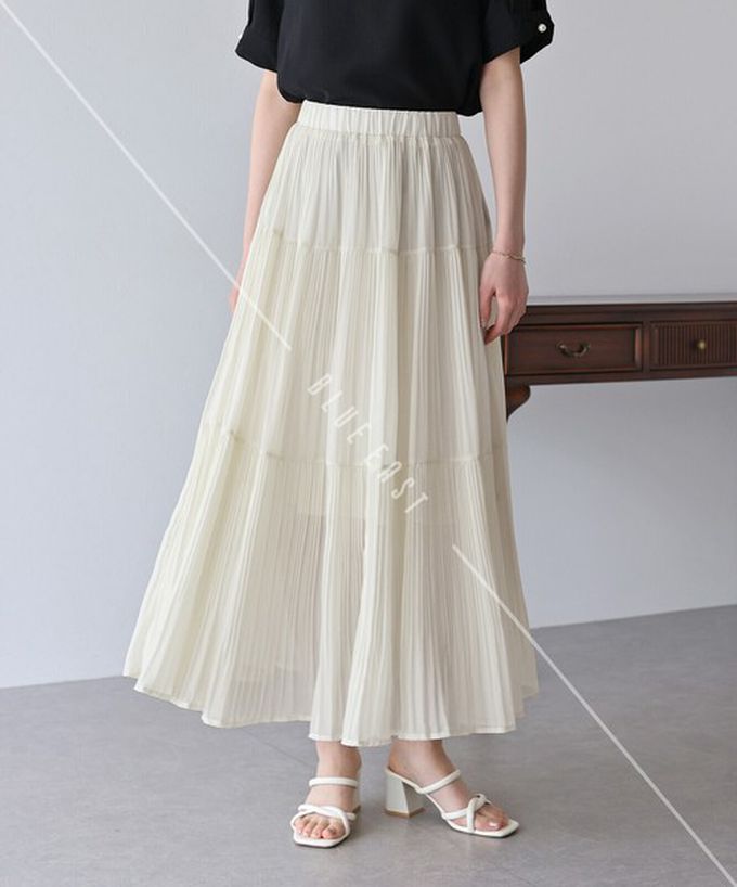 日本 BLUE EAST - 優雅細摺雪紡分層鬆緊長裙-黑 (M)