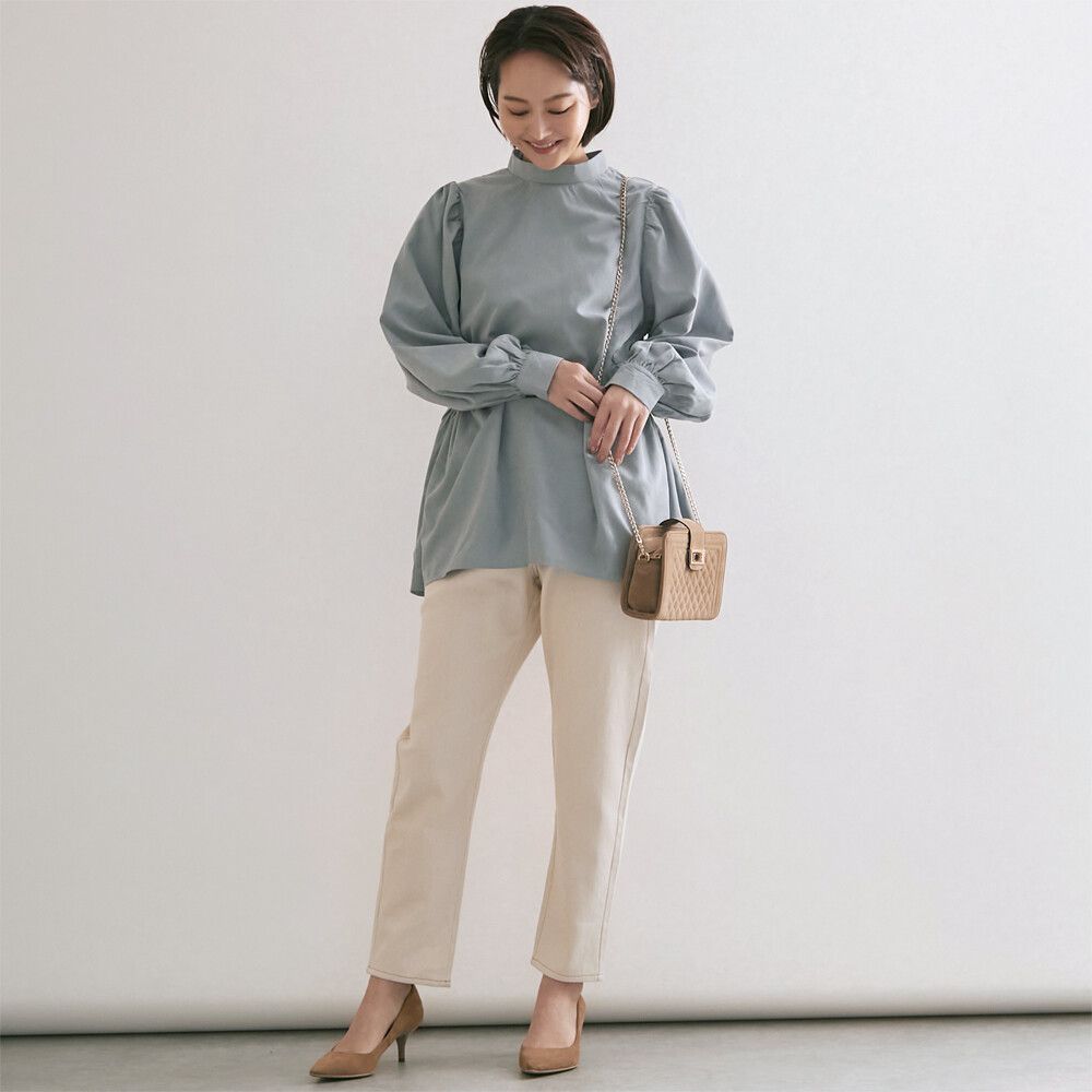 日本女裝代購 - 後蝴蝶結綁帶燈籠袖長袖上衣-灰藍 (M(Free size))