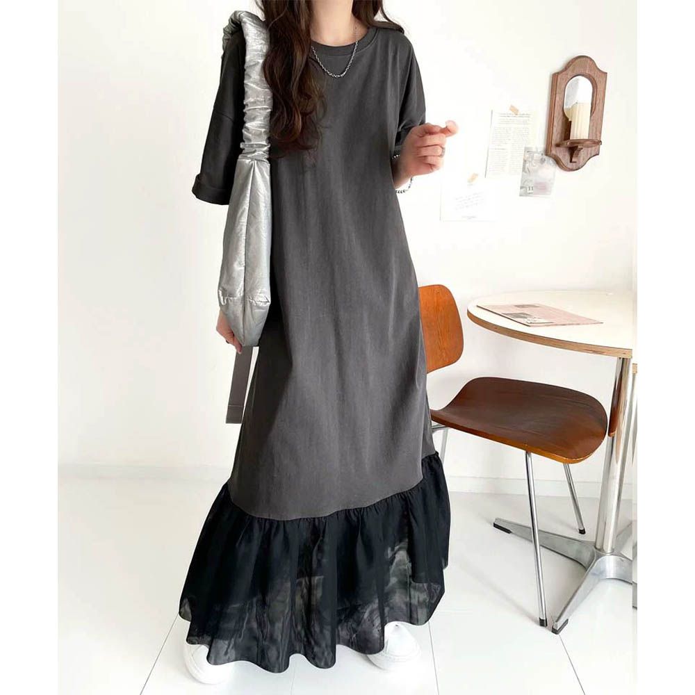 飄逸下擺薄紗休閒短袖洋裝-炭灰