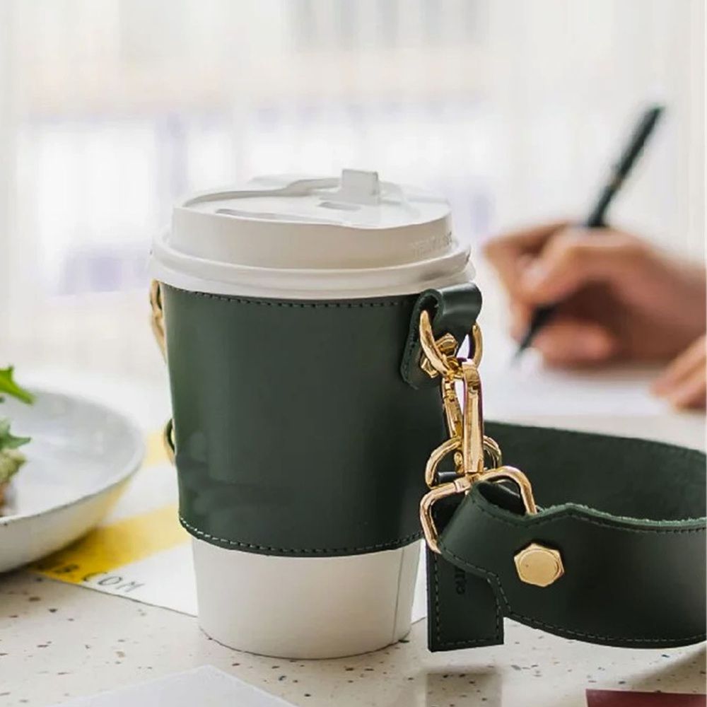 簡約金屬皮革咖啡杯套-卡其色