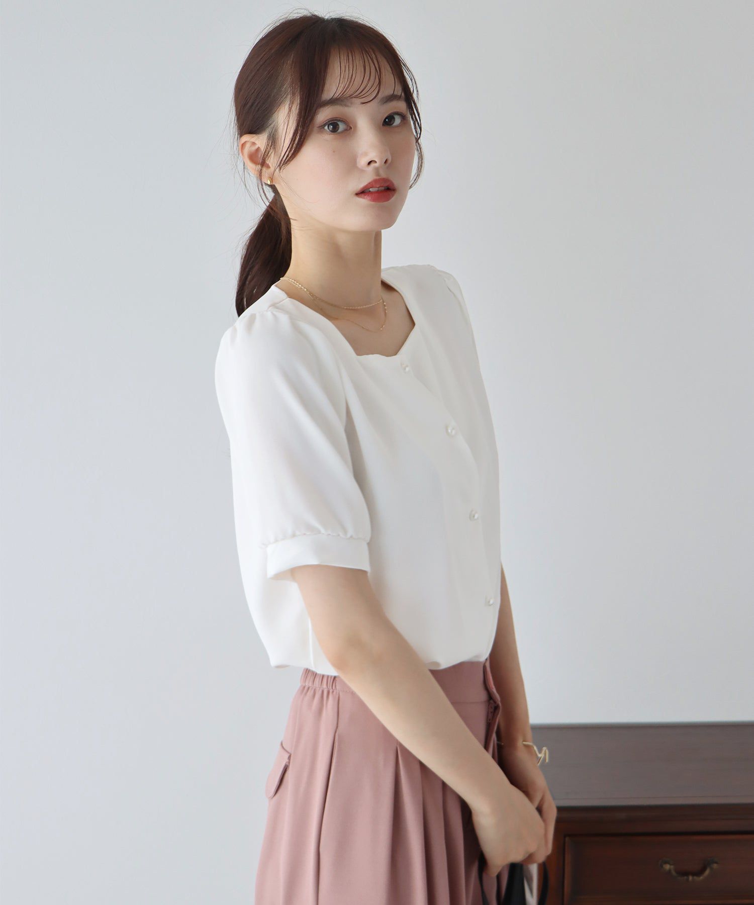 日本 BLUE EAST - 法式方領短袖珍珠釦襯衫-水藍