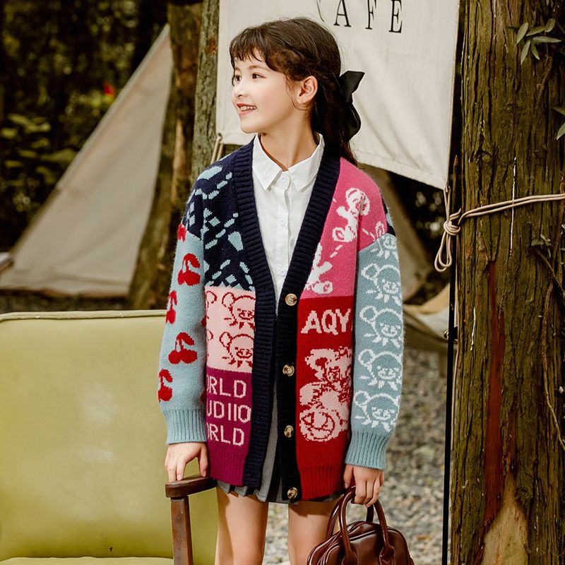 提花小熊針織毛衣外套-深藍色