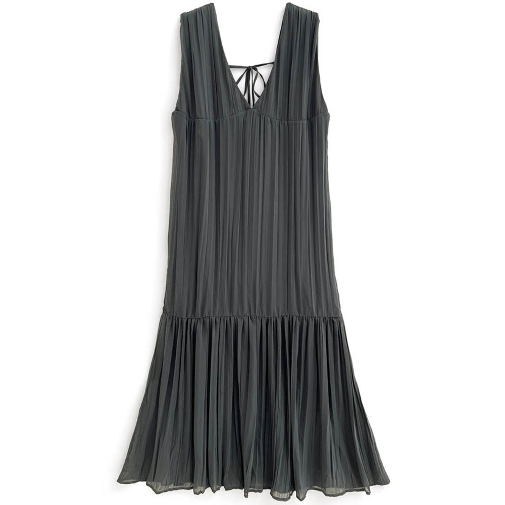 柔美雪紡後綁帶細摺背心洋裝-炭灰 (F)