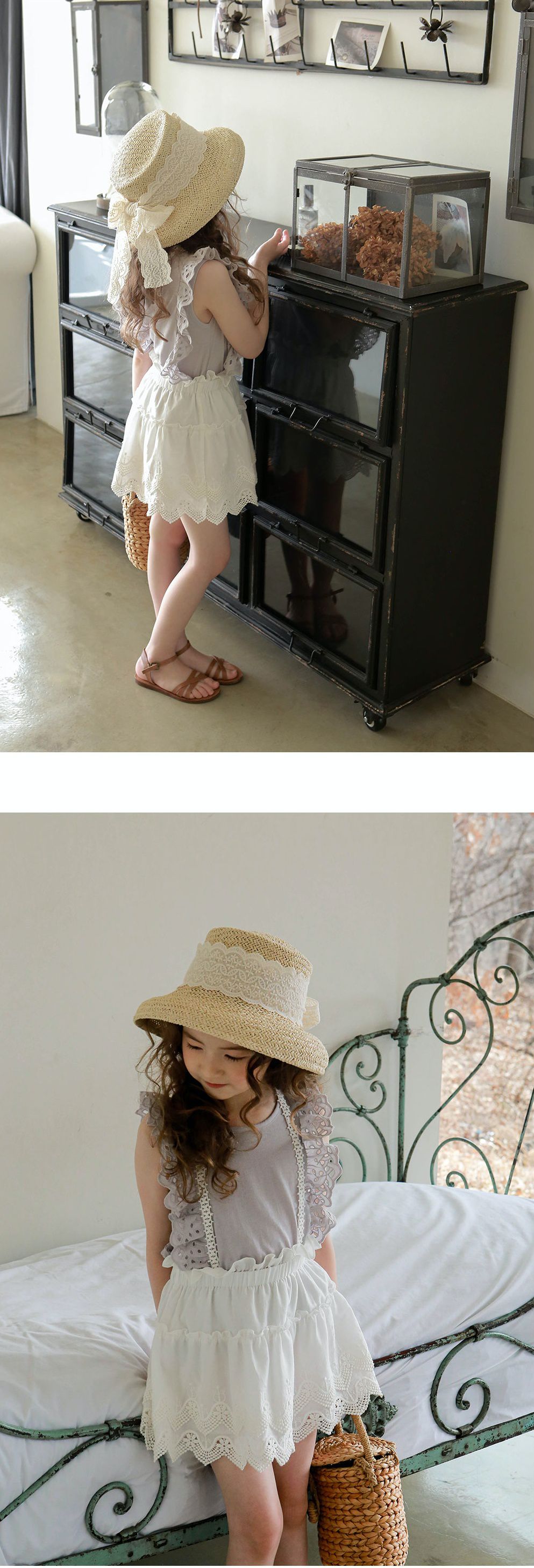 韓國 PuellaFLO - 波浪花朵蕾絲蝴蝶結草帽 (3-7Y適用)