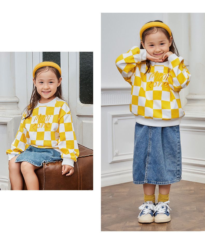 Minizone - 格紋圓領長袖上衣-英文字母-黃+白