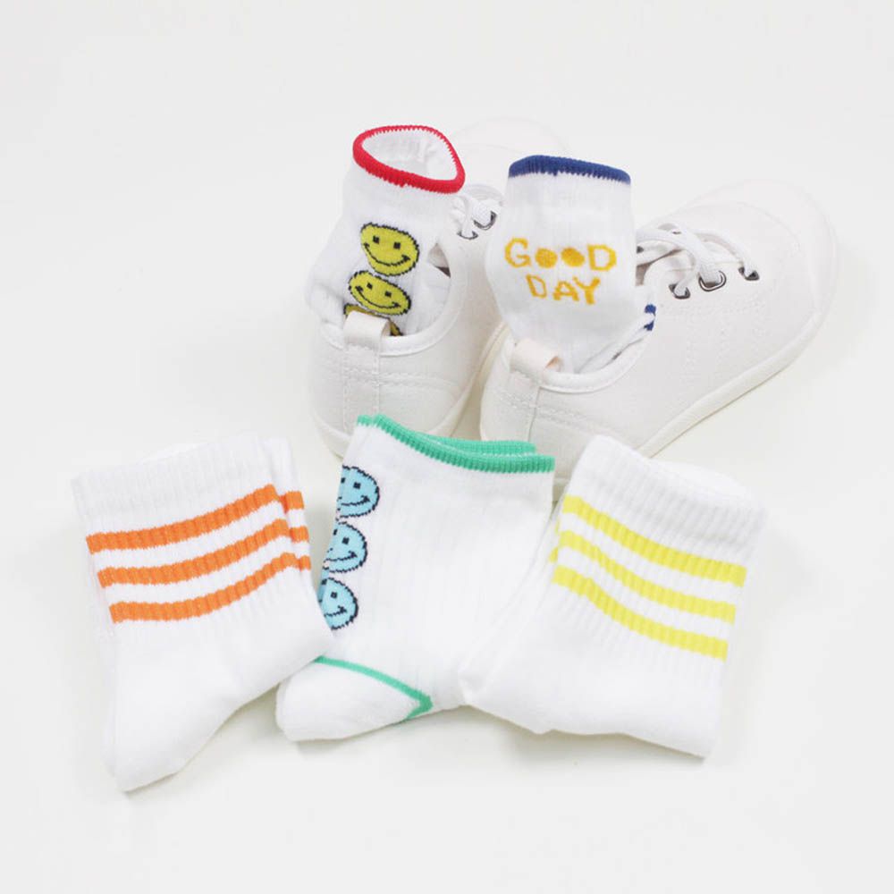 (五入組)韓製兒童羅紋中筒襪-笑臉X條紋