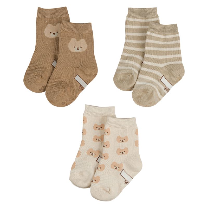 akachan honpo - 襪子3雙組-小熊-淺卡其色 (9~14cm)