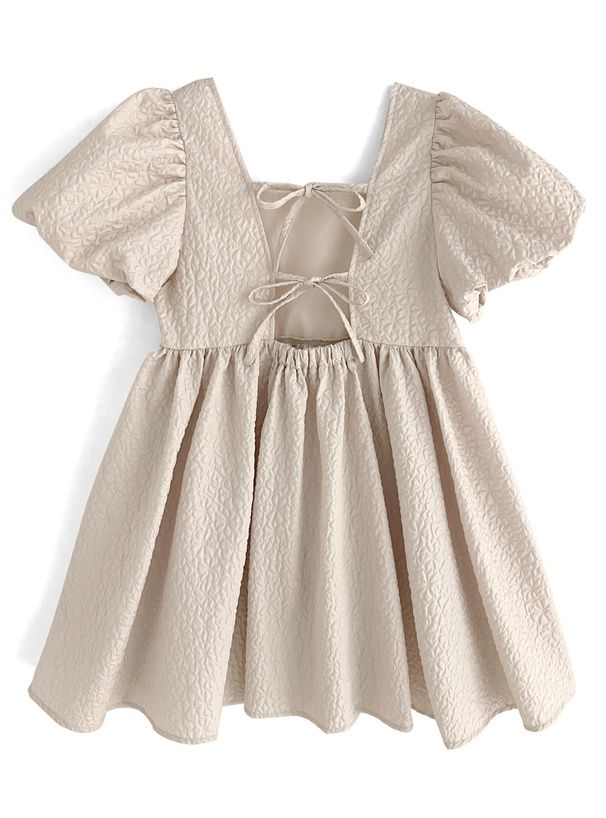 日本 GRL - 雲朵泡泡後扭結短版洋裝-奶茶杏