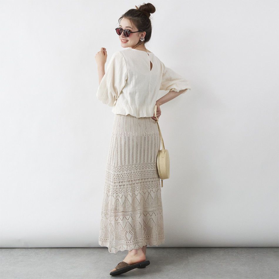 日本 Rejoule - 優雅鉤針雕花長裙-石墨黑