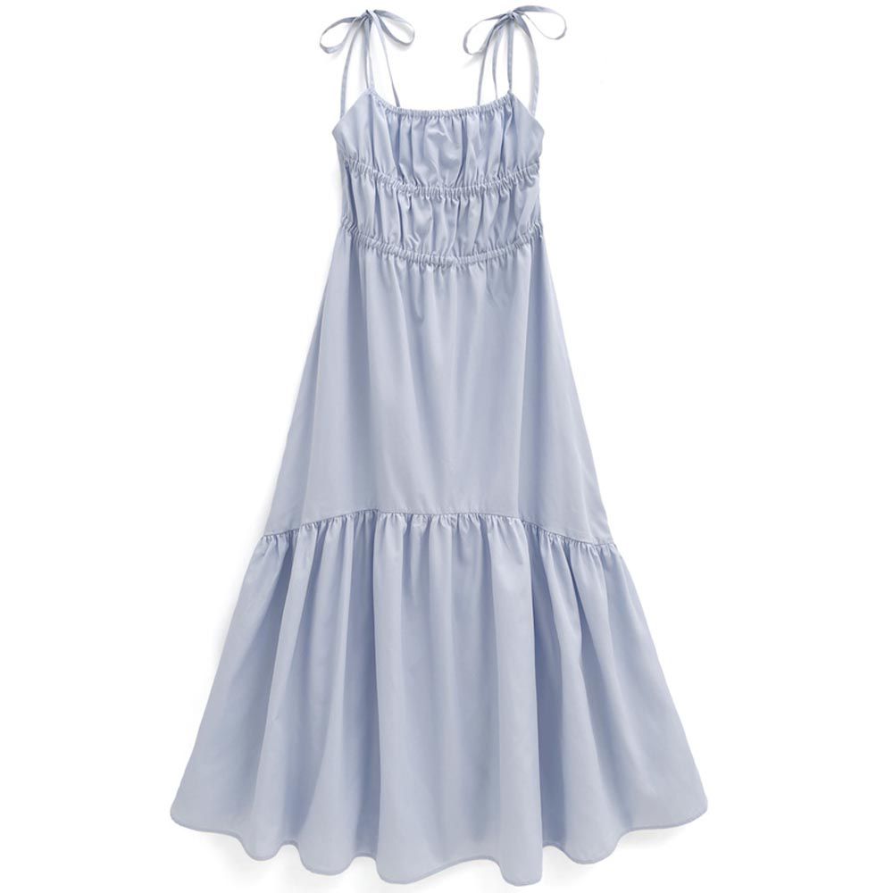 肩綁帶甜心皺褶度假長洋裝-水藍 (F)