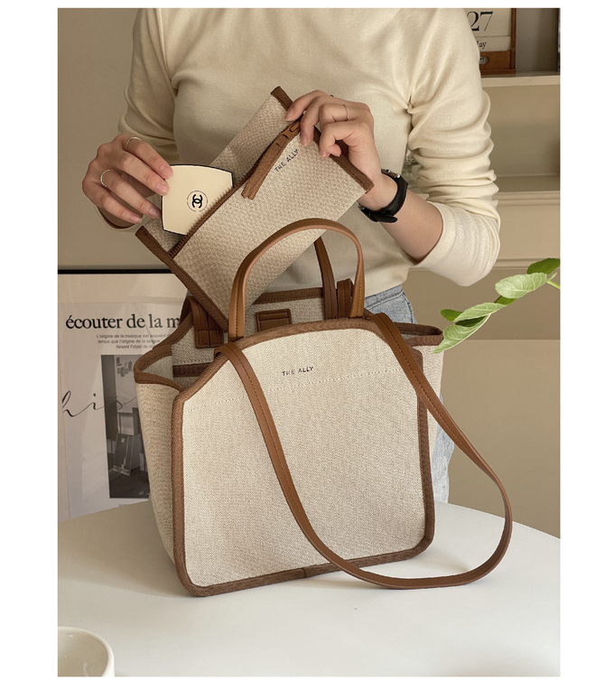 韓國 THEALLY - (附小袋)質挺帆布方包手提/肩背包-焦糖咖 (中)