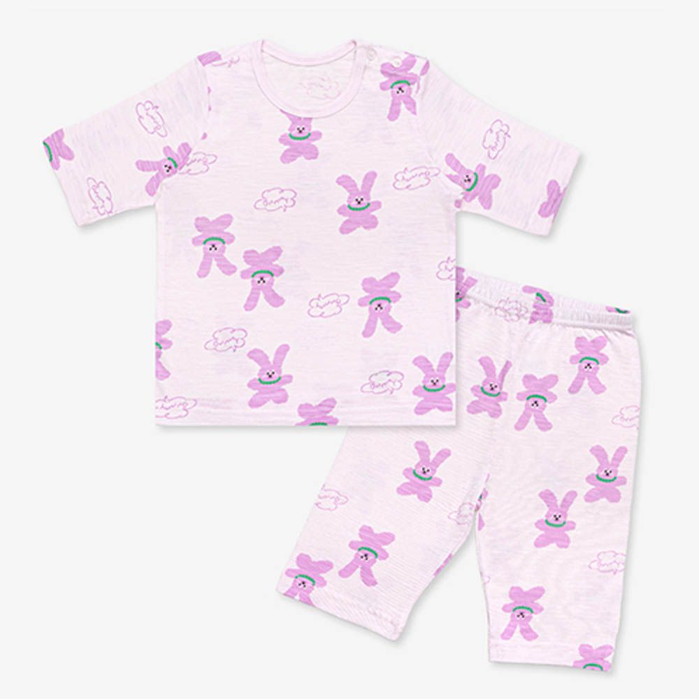 韓製莫代爾透氣7分袖家居服-滿版紫兔兔-淡紫