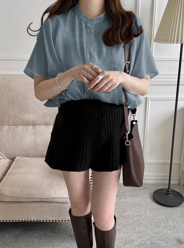 日本 GRL - 透明感柔美荷葉短袖襯衫-經典黑 (F)