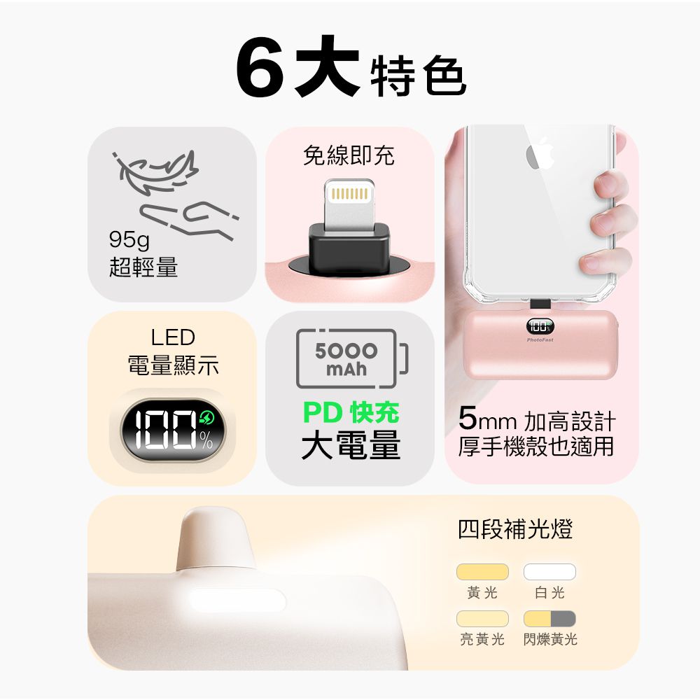 PD快充版 5000mAh 直插式 口袋電源 行動電源 Lighting Power-金屬限定款 (蘋果 / 安卓)-香檳金