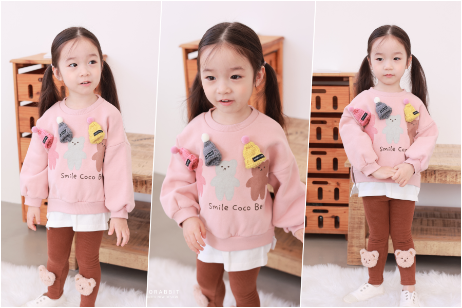 韓國 Coco rabbit - 假兩件毛帽小熊長袖上衣-粉