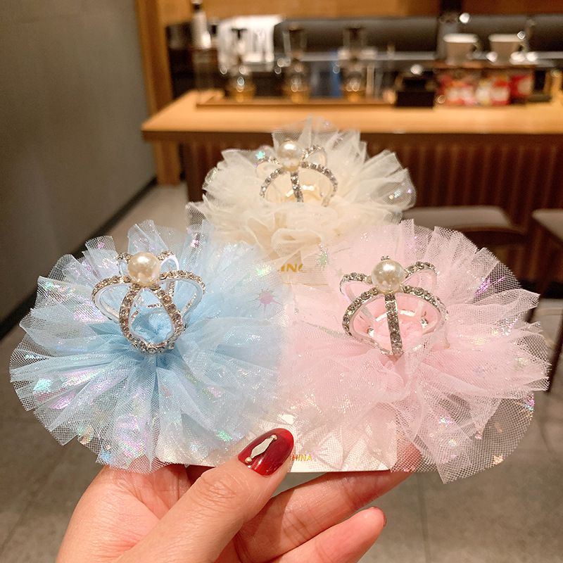 仙氣珍珠皇冠薄紗髮夾-粉色