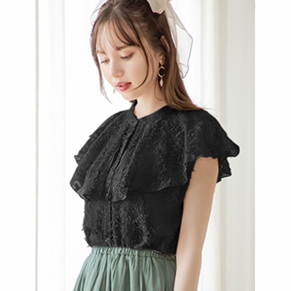 日本 GRL - 蕾絲大荷葉層次無袖襯衫-時尚黑