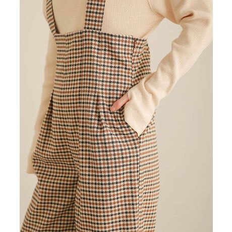 日本 Bab - 文藝少女歐風吊帶褲-格紋-卡其