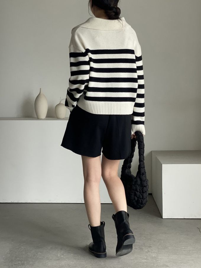 韓國女裝連線 - 精選美麗諾羊毛翻領上衣-米白底X黑條紋 (FREE)