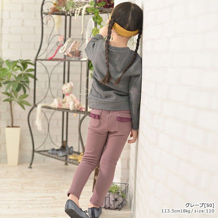 日本 TORIDORY - 極暖彈性裏起毛長褲-蝴蝶結口袋-深紫