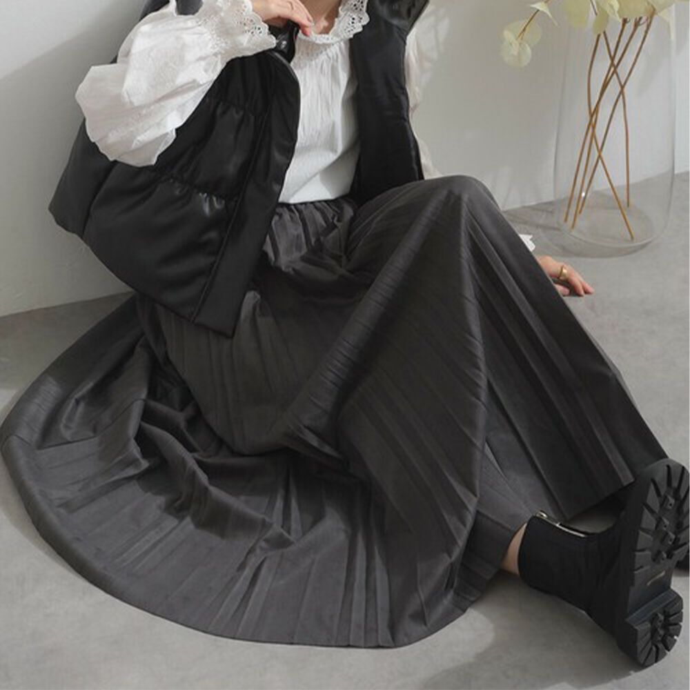 俐落低調麂皮百褶長裙-炭灰