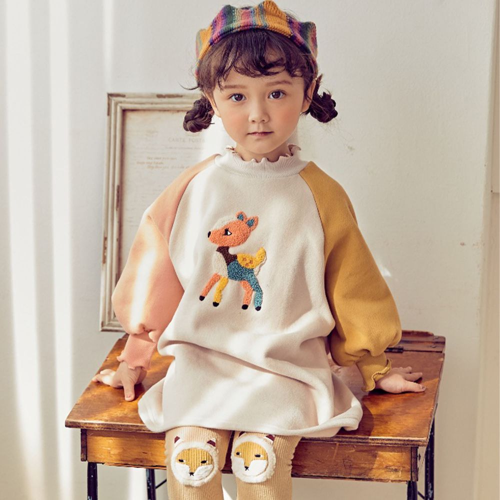 韓國 Mimico - (裏起毛)(附髮帶)立體小鹿拼接色泡泡袖洋裝