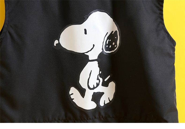 卡通人物史努比帥氣工裝長袖套裝(三件組)-黑色-背心+上衣+長褲