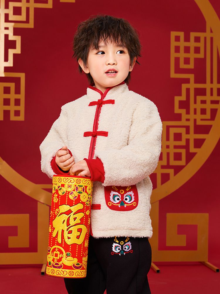 漢服風喜氣拜年立領盤釦外套-福氣龍口袋-米白色