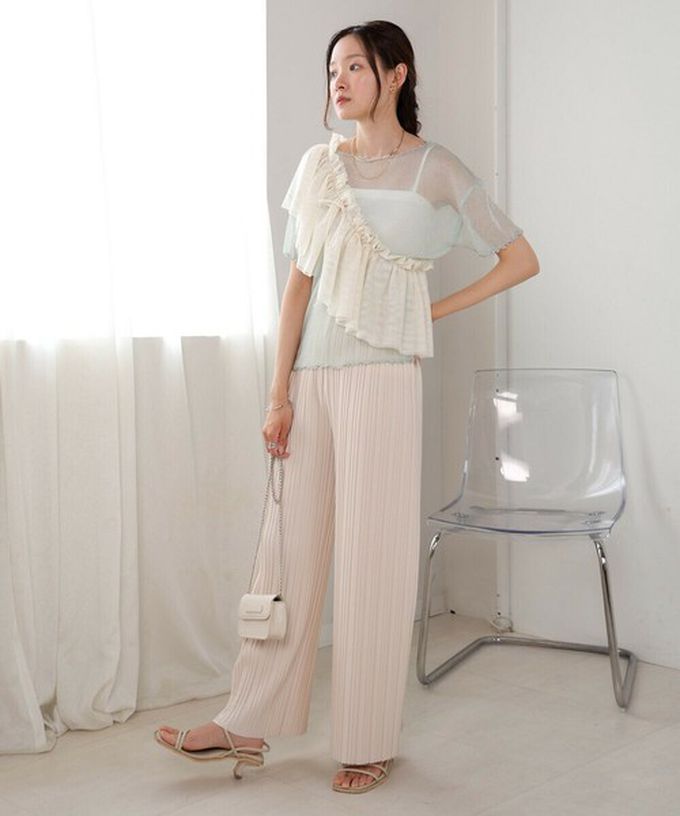 日本 Bab - 華麗微亮透明木耳短袖上衣-(無內裡)-粉紅