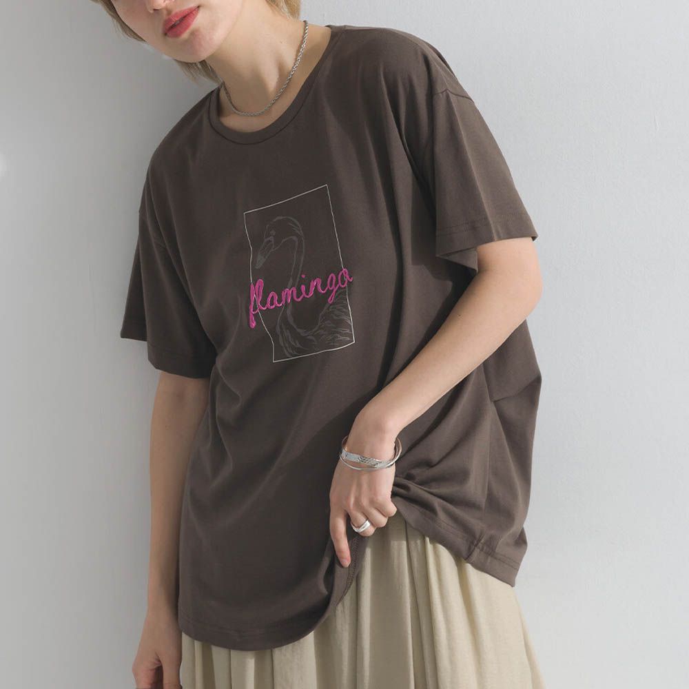 接觸冷感 紅鶴刺繡印花休閒上衣-咖啡