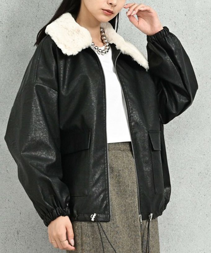 日本 ELENCARE DUE - 2way毛領質感仿皮俐落夾克外套-黑