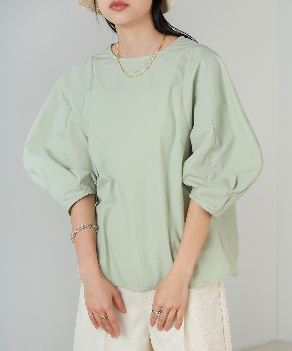 日本 Bab - 圓領百搭氣球袖上衣-淺綠