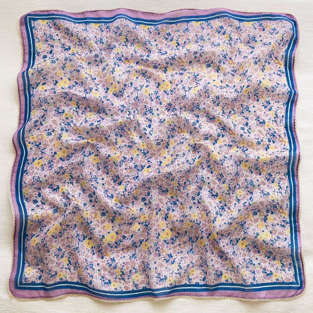 法式棉麻披肩方巾-拼色碎花-紫色 (90x90cm)