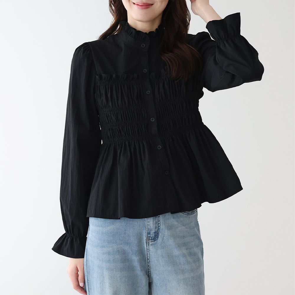 小立領荷葉皺摺束腰長袖襯衫-黑