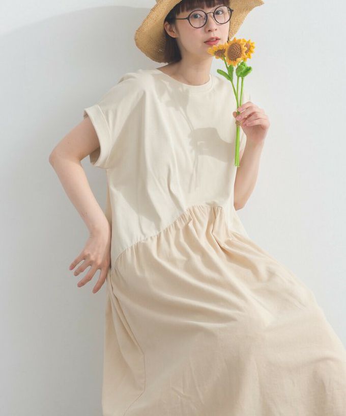 日本 Lupilien - [人氣款]亞麻混紡條紋拼接短袖洋裝-芥末黃