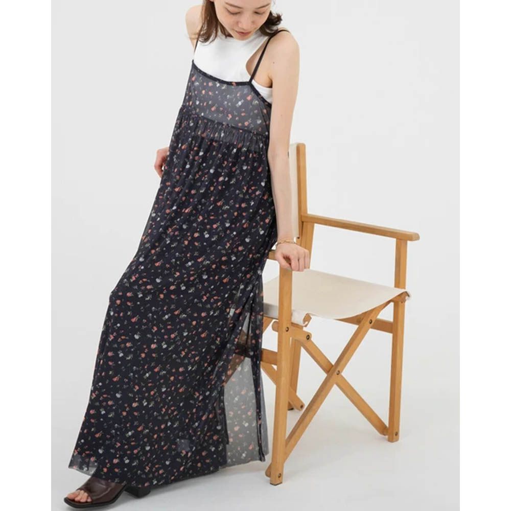 前後2way浪漫小花細肩帶薄紗洋裝-黑