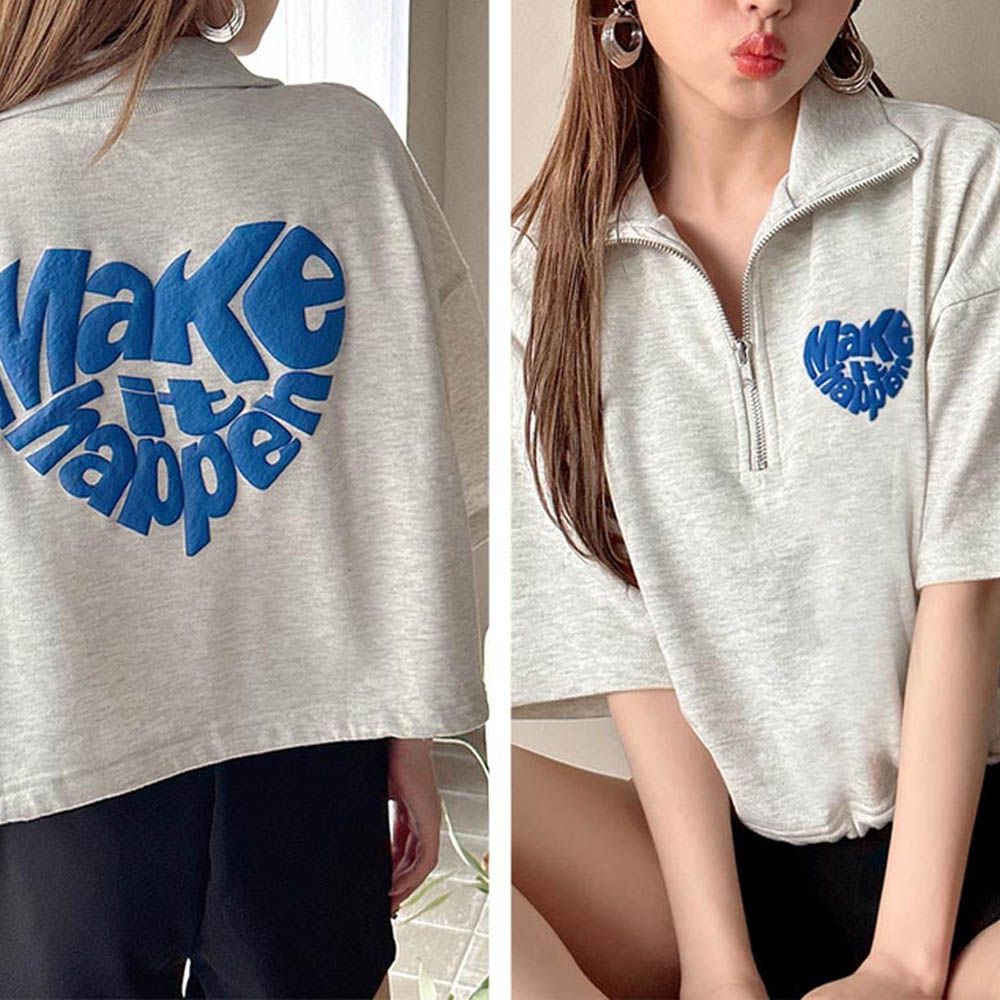 立體愛心印花翻領五分袖上衣-燕麥灰 (F)