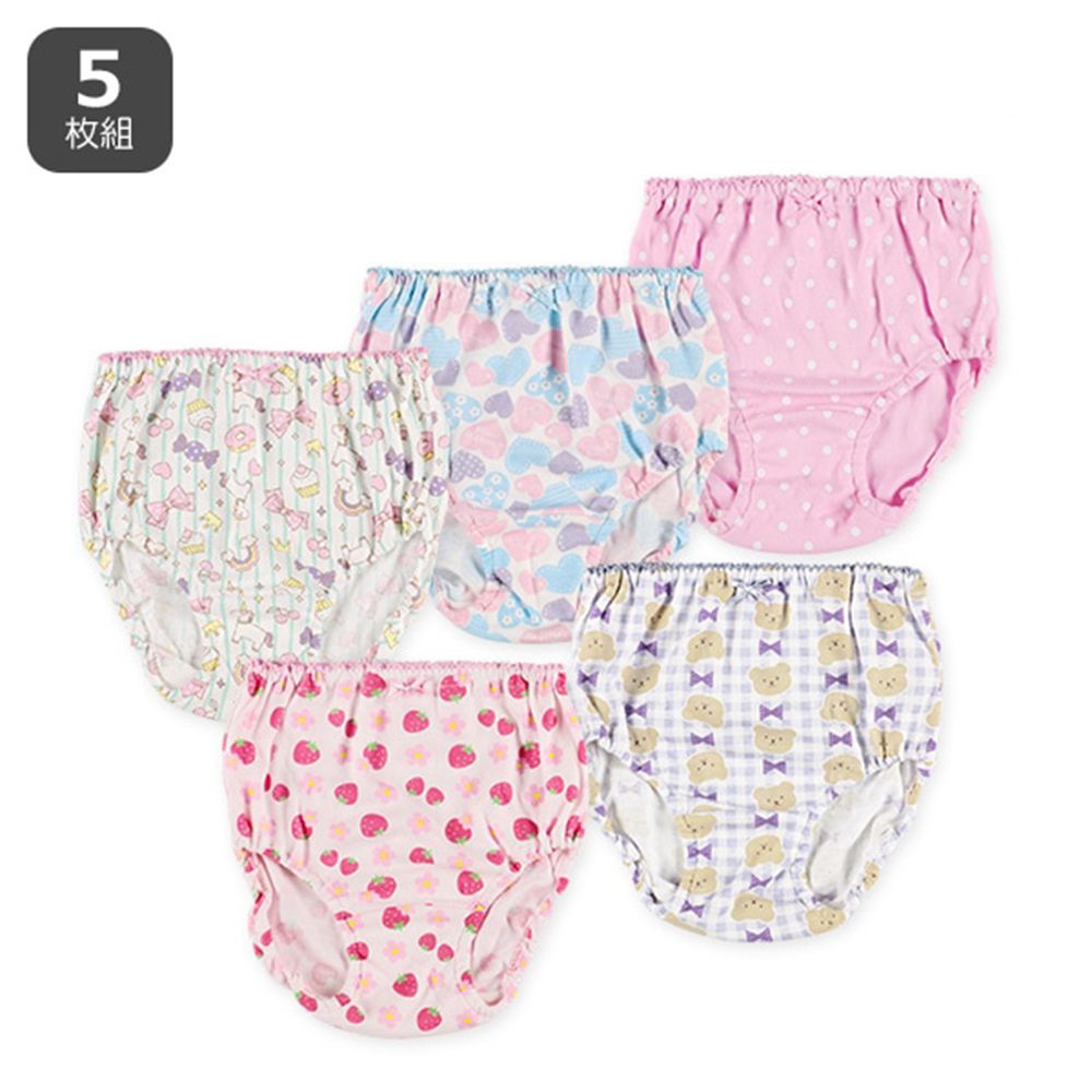 混棉女孩內褲(5件組)-草莓&愛心&小熊-粉紅&水藍
